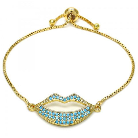 Pulsera Bolo Ajustable 03.316.0027.1.10 Oro Laminado, Diseño de Labios, con Zirconia Cubica Turquoise, Pulido, Dorado