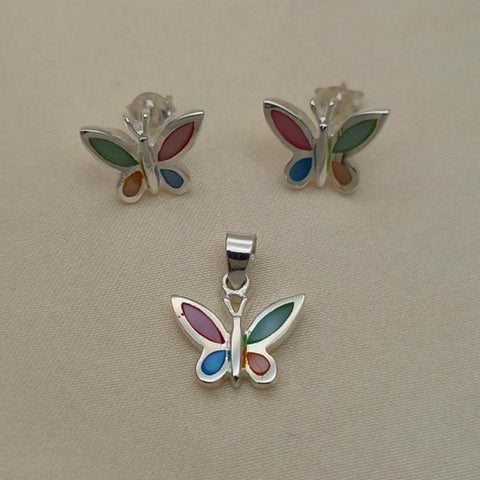 Juego de Arete y Dije de Adulto 10.399.0008 Plata Rodinada, Diseño de Mariposa, con Madre Perla Multicolor, Pulido, Plateado