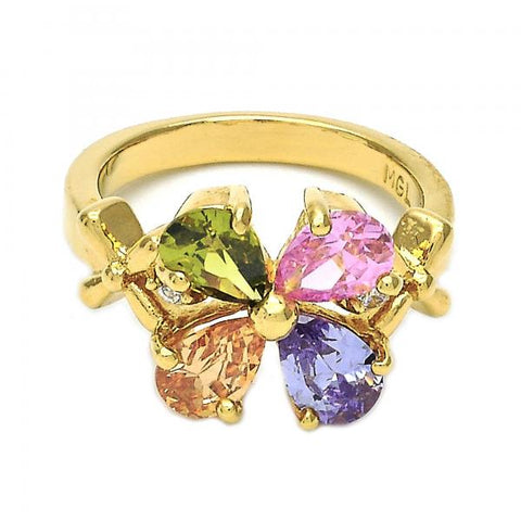 Anillo Multi Piedra 5.172.008.07 Oro Laminado, Diseño de Flor, con Zirconia Cubica Multicolor y Blanca, Pulido, Dorado