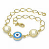 Pulsera Elegante 03.09.0068.1.07 Oro Laminado, Diseño de Ojo Griego, con Perla Blanca, Pulido Azul, Dorado