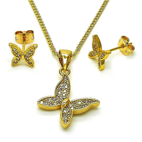 Juego de Arete y Dije de Adulto 10.342.0135 Oro Laminado, Diseño de Mariposa, con Micro Pave Blanca, Pulido, Dorado