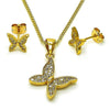 Juego de Arete y Dije de Adulto 10.342.0135 Oro Laminado, Diseño de Mariposa, con Micro Pave Blanca, Pulido, Dorado