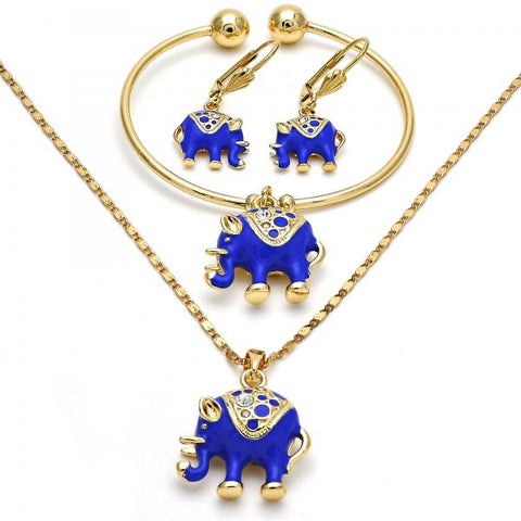 Collar, Pulso y Arete 06.63.0182.5.GT Oro Laminado, Diseño de Elefante, con Cristal Blanca, Esmaltado Azul, Dorado