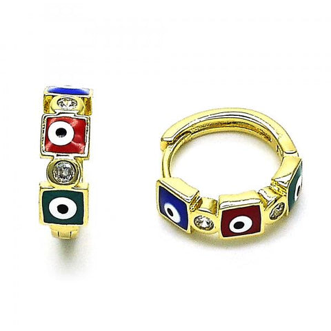 Argolla Huggie 02.213.0192.3.15 Oro Laminado, Diseño de Ojo Griego, con Zirconia Cubica Blanca, Esmaltado Multicolor, Dorado