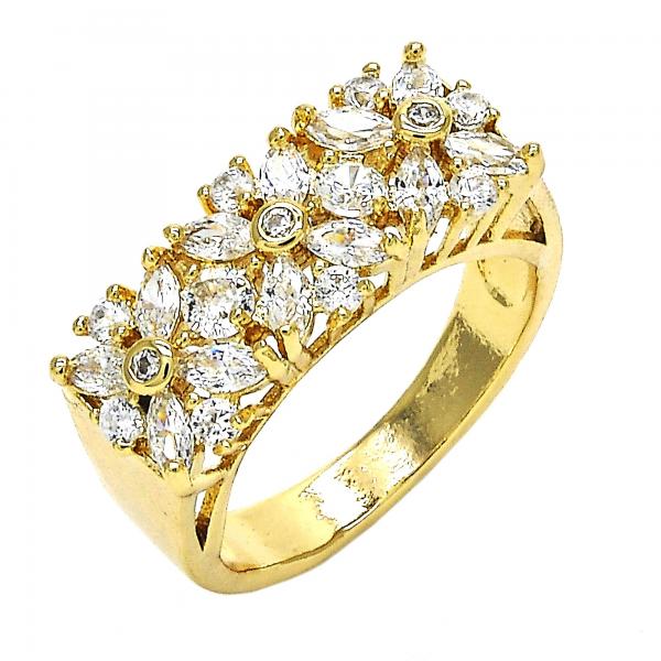 Anillo Multi Piedra 01.210.0061.07 Oro Laminado, Diseño de Flor, con Zirconia Cubica Blanca, Pulido, Dorado
