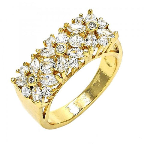 Anillo Multi Piedra 01.210.0061.07 Oro Laminado, Diseño de Flor, con Zirconia Cubica Blanca, Pulido, Dorado