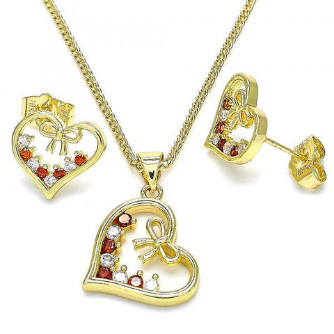 Juego de Arete y Dije de Adulto 10.195.0056.1 Oro Laminado, Diseño de Corazon y Arco, Diseño de Corazon, con Zirconia Cubica Granate y Blanca, Pulido, Dorado