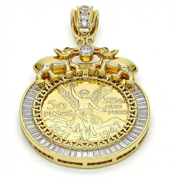 Dije Religioso 05.26.0043 Oro Laminado, Diseño de Llave Griega y Moneda Centenario, Diseño de Llave Griega, con Zirconia Cubica Blanca y Rubi, Pulido, Dorado