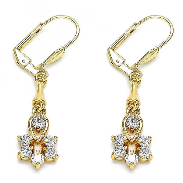 Arete Largo 02.213.0318 Oro Laminado, Diseño de Gota y Flor, Diseño de Gota, con Zirconia Cubica Blanca, Pulido, Dorado