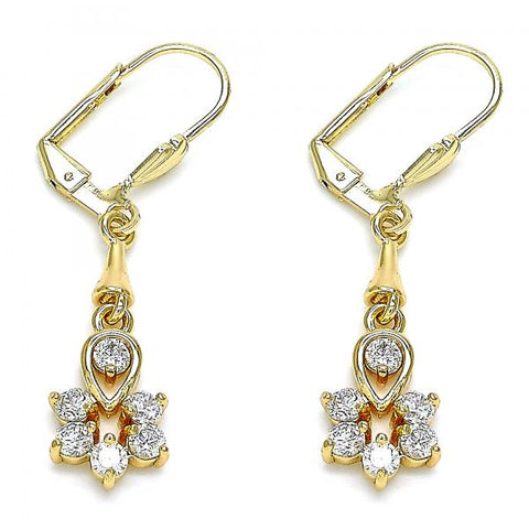 Arete Largo 02.213.0318 Oro Laminado, Diseño de Gota y Flor, Diseño de Gota, con Zirconia Cubica Blanca, Pulido, Dorado