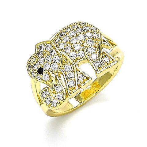 Anillo Multi Piedra 01.380.0008.09 Oro Laminado, Diseño de Elefante, con Micro Pave Blanca y Negro, Pulido, Dorado