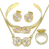 Collar, Pulso, Arete y Anillo 06.361.0034 Oro Laminado, Diseño de Flor, con Cristal Blanca, Pulido, Tricolor