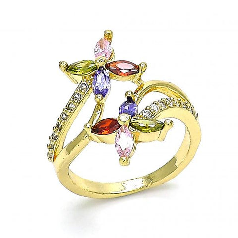Anillo Multi Piedra 01.210.0139.07 Oro Laminado, Diseño de Flor, con Zirconia Cubica Multicolor y Micro PaveBlanca, Pulido, Dorado