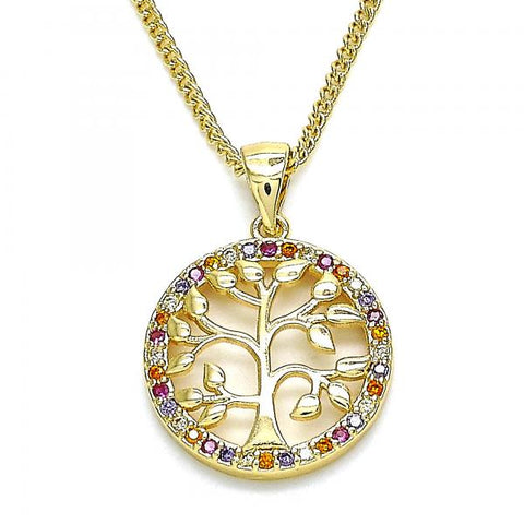 Collares con Dije 04.156.0310.1.20 Oro Laminado, Diseño de Arbol, con Micro Pave Multicolor, Pulido, Dorado