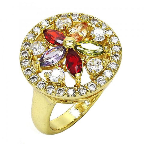 Anillo Multi Piedra 01.266.0020.07 Oro Laminado, Diseño de Flor, con Zirconia Cubica Multicolor, Pulido, Dorado