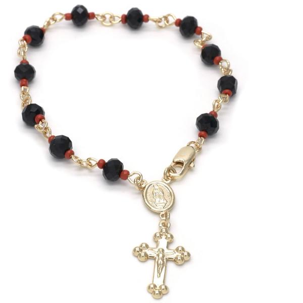 Rosario de Pulsera 09.63.0109.1.08 Oro Laminado, Diseño de Guadalupe y Crucifijo, Diseño de Guadalupe, con Azavache Negro y Rojo Naranja, Pulido, Dorado