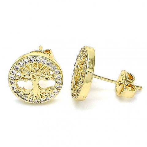 Arete Dormilona 02.156.0447 Oro Laminado, Diseño de Arbol, con Micro Pave Blanca, Pulido, Dorado