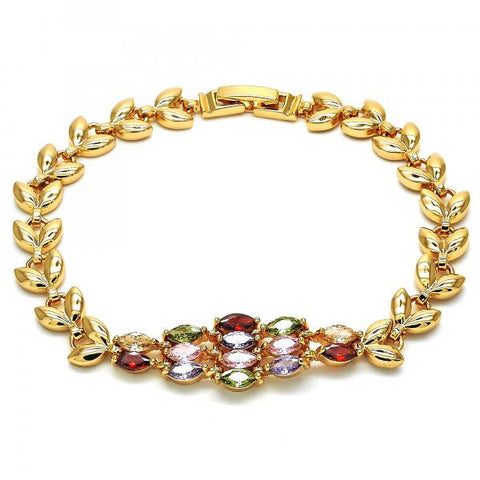 Pulsera Elegante 03.323.0006.08 Oro Laminado, Diseño de Oja, con Zirconia Cubica Multicolor, Pulido, Dorado