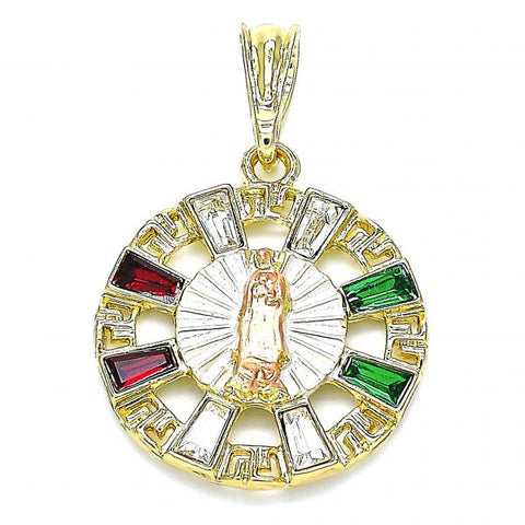 Dije Religioso 05.380.0057 Oro Laminado, Diseño de Guadalupe y Llave Griega, Diseño de Guadalupe, con Cristal Multicolor, Pulido, Dorado