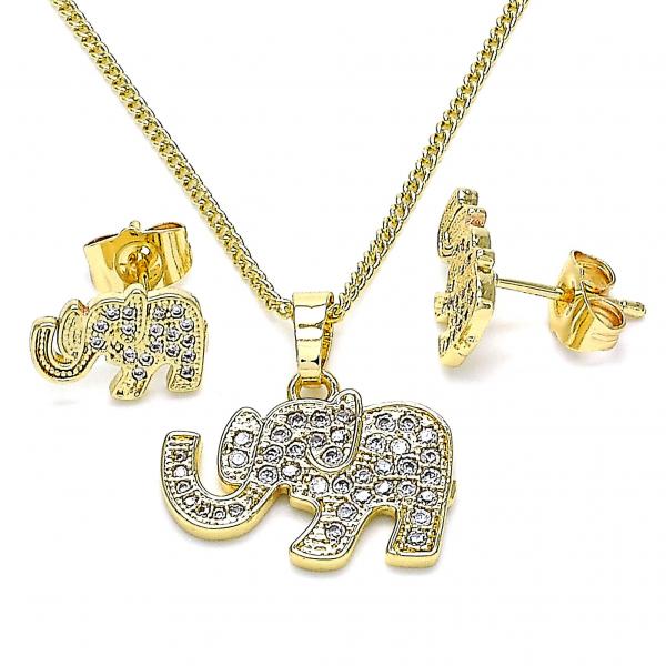 Juego de Arete y Dije de Adulto 10.284.0019 Oro Laminado, Diseño de Elefante, con Micro Pave Blanca, Pulido, Dorado