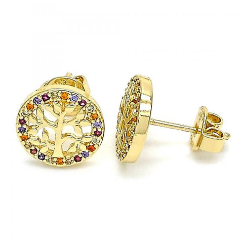 Arete Dormilona 02.156.0448.1 Oro Laminado, Diseño de Arbol, con Micro Pave Multicolor, Pulido, Dorado