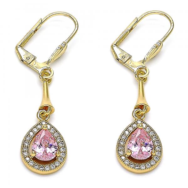 Arete Largo 02.387.0044.3 Oro Laminado, Diseño de Gota, con Zirconia Cubica Rosado y Blanca, Pulido, Dorado
