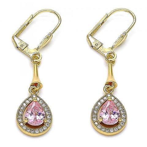Arete Largo 02.387.0044.3 Oro Laminado, Diseño de Gota, con Zirconia Cubica Rosado y Blanca, Pulido, Dorado