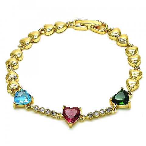 Pulsera Elegante 03.283.0283.07 Oro Laminado, Diseño de Corazon, con Zirconia Cubica Multicolor, Pulido, Dorado