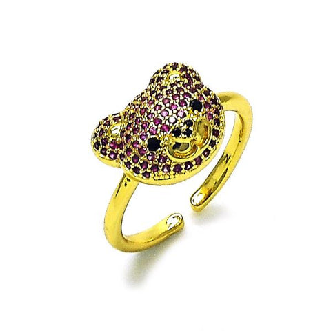 Anillo Multi Piedra 01.368.0019.2 Oro Laminado, Diseño de Osito, con Micro Pave Rubi y Negro, Pulido, Dorado