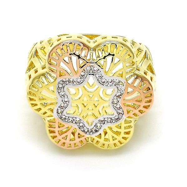 Anillo Multi Piedra 01.26.0002.07 Oro Laminado, Diseño de Flor, con Micro Pave Blanca, Pulido, Tricolor