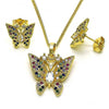 Juego de Arete y Dije de Adulto 10.284.0027 Oro Laminado, Diseño de Mariposa, con Zirconia Cubica Multicolor, Pulido, Dorado