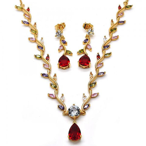 Collar y Arete 06.205.0006.1 Oro Laminado, Diseño de Gota y Oja, Diseño de Gota, con Zirconia Cubica Multicolor, Pulido, Dorado