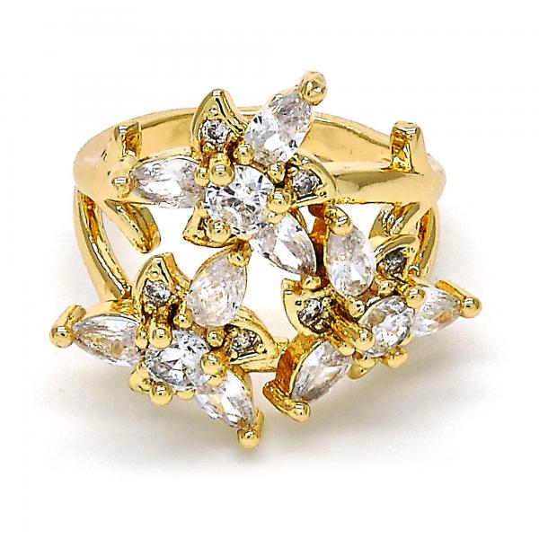 Anillo Multi Piedra 01.210.0016.09 Oro Laminado, Diseño de Flor, con Zirconia Cubica Blanca, Pulido, Dorado