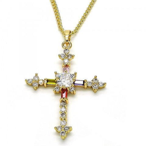 Collares con Dije 04.284.0011.3.20 Oro Laminado, Diseño de Cruz, con Zirconia Cubica Multicolor, Pulido, Dorado