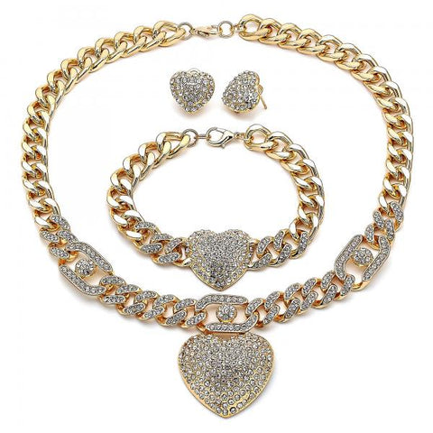 Collar, Pulso y Arete 06.372.0030 Oro Laminado, Diseño de Corazon, con Cristal Blanca, Pulido, Dorado