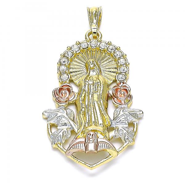 Dije Religioso 05.351.0019.1 Oro Laminado, Diseño de Guadalupe y Flor, Diseño de Guadalupe, con Cristal Blanca, Pulido, Tricolor