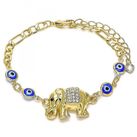 Pulsera Elegante 03.380.0093.1.07 Oro Laminado, Diseño de Elefante y Ojo Griego, Diseño de Elefante, con Cristal Blanca y Negro, Resinado Azul, Dorado