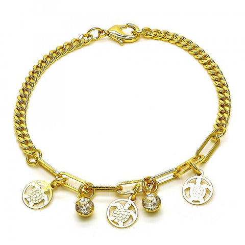 Pulsera de Dije 03.63.2244.08 Oro Laminado, Diseño de Tortuga y Paperclip, Diseño de Tortuga, con Cristal Blanca, Pulido, Dorado