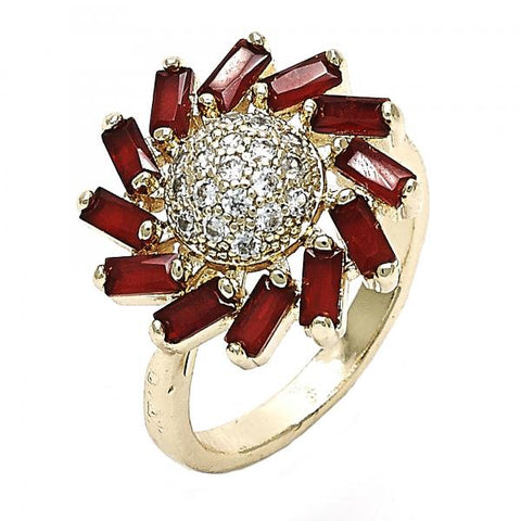 Anillo Multi Piedra 01.210.0105.1.07 Oro Laminado, Diseño de Flor, con Zirconia Cubica Rubi y Blanca, Pulido, Dorado