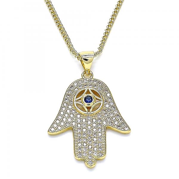 Collares con Dije 04.156.0205.1.20 Oro Laminado, Diseño de Mano de Dios, con Zirconia Cubica Zafiro Azul y CristalBlanca, Pulido, Dorado