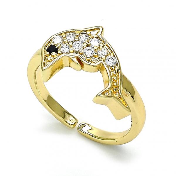 Anillo Multi Piedra 01.210.0090 Oro Laminado, Diseño de Delfin, con Zirconia Cubica Blanca y Negro, Pulido, Dorado