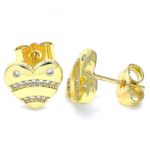 Arete Dormilona 02.156.0521 Oro Laminado, Diseño de Corazon, con Micro Pave Blanca, Pulido, Dorado