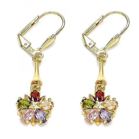 Arete Largo 02.387.0051.2 Oro Laminado, Diseño de Flor y Estrella, Diseño de Flor, con Zirconia Cubica Multicolor, Pulido, Dorado