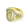 Anillo Multi Piedra 01.380.0025.07 Oro Laminado, Diseño de Guadalupe y Flor, Diseño de Guadalupe, con Zirconia Cubica Blanca, Pulido, Dorado