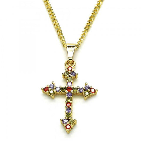 Collares con Dije 04.284.0010.3.22 Oro Laminado, Diseño de Cruz, con Zirconia Cubica Multicolor, Pulido, Dorado