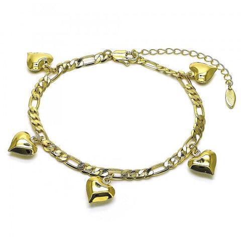 Tobillera de Dije 03.383.0024.1.10 Oro Laminado, Diseño de Corazon y Figaro, Diseño de Corazon, Pulido, Dorado