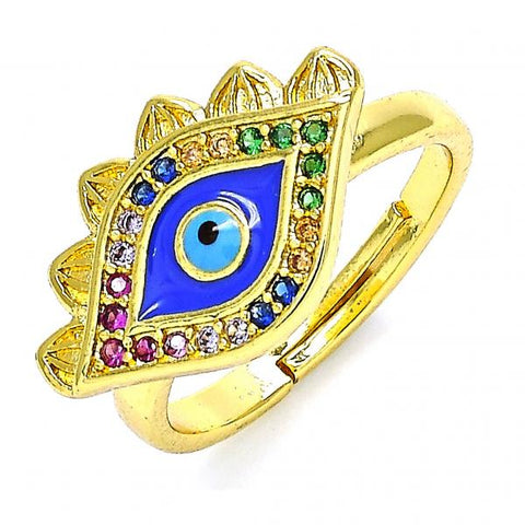 Anillo Multi Piedra 01.368.0009 Oro Laminado, Diseño de Ojo Griego, con Micro Pave Multicolor, Esmaltado Azul, Dorado