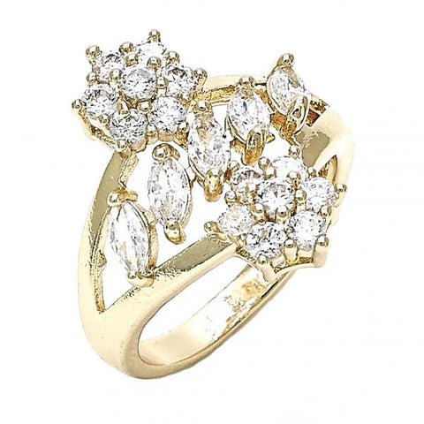 Anillo Multi Piedra 01.210.0096.07 Oro Laminado, Diseño de Flor, con Zirconia Cubica Blanca, Pulido, Dorado