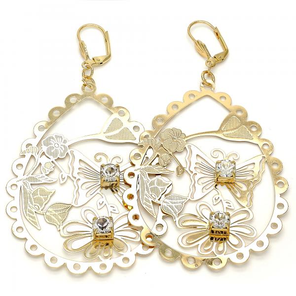 Arete Colgante 64.003 Oro Laminado, Diseño de Flor y Mariposa, Diseño de Flor, con Cristal Blanca, Pulido, Dorado