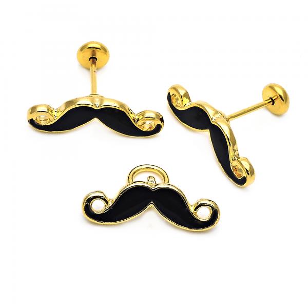 Juego de Arete y Dije de Nino 10.09.0013 Oro Laminado, Diseño de Bigote, Esmaltado, Dorado